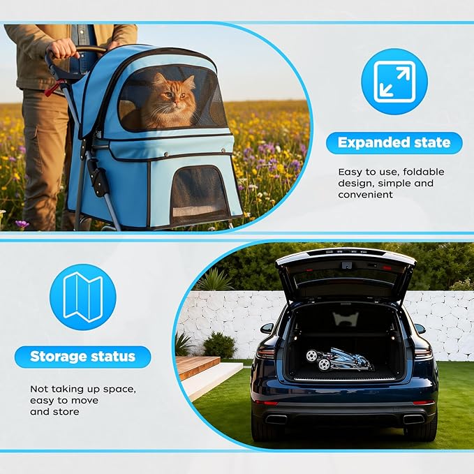 BestOffice Pet Stroller for Small Medium Dogs & Cats, 4-Wheel Foldable Dog Stroller with Cup Holder, Lightweight Travel Carrier, Waterproof Design for Outdoor Walks, Blue