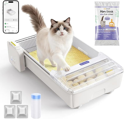 Robotail Open Top Automatic Litter Box, Self Cleaning Cat Litter Box with Roomy Space+Vis Waste Bin, XXL Fully Open Cat Box for Multi Cats, Include 5Lb Compatible Cassava Litter