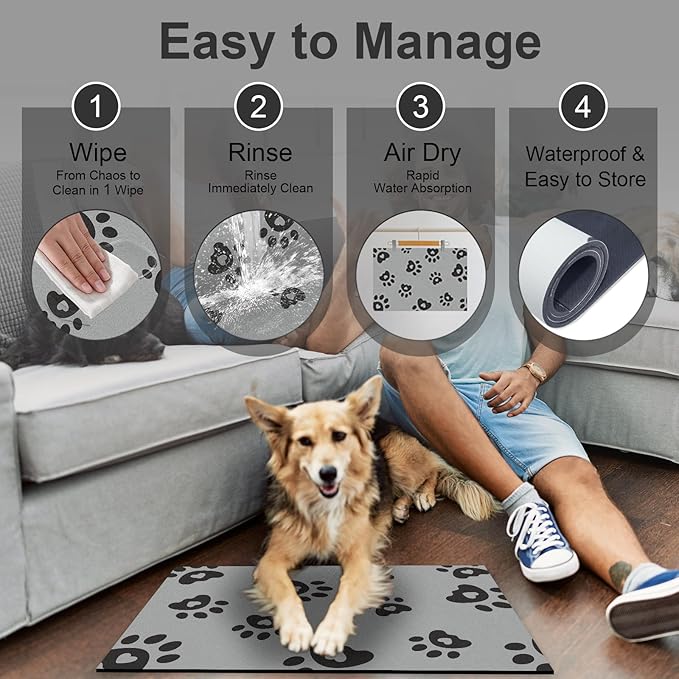 Pet Feeding Mats 17"x28"- Absorbent Pet Food Mat, Large Dog Food Mat, Rubber Mat for Cat Bowls, Pet Placemats for Food and Water, Dog Water Matt for Sloppy Drinker, Dark Grey