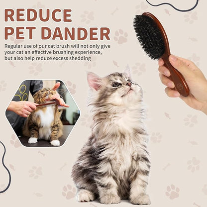 Wooden Cat Brush and Comb, Cat Hair Brush with Nautral Boar Bristle for Reduce Shedding and Keep Healty Shine, Daily Pet Grooming Tool for Dogs & Cats