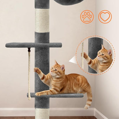 Cat Tree 5-Tier Floor to Ceiling Cat Tower with Cozy Hammock, 89-109 Inch Adjustable Height Sisal Scratching Post, Provides Vertical Enrichment for Jumping & Climbing, Darkgrey