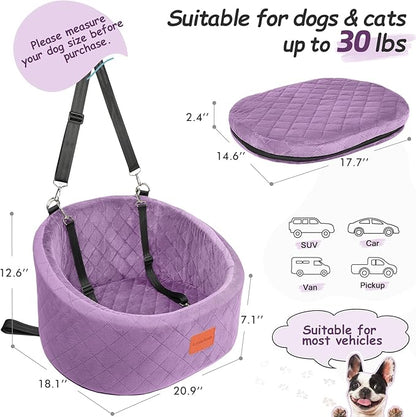 Lealchum Dog Car Seat for Small Dogs Up to 30 Lbs,Ultra Soft Fabric Fill in Comfy Memory Foam,Happy Pet Ride,2 Safety Dog Leashes,Fully Detachable and Washable,Anti Slip Base(Purple)