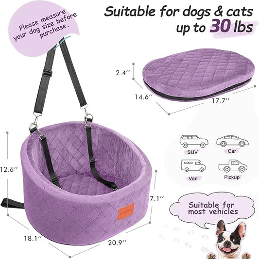 Lealchum Dog Car Seat for Small Dogs Up to 30 Lbs,Ultra Soft Fabric Fill in Comfy Memory Foam,Happy Pet Ride,2 Safety Dog Leashes,Fully Detachable and Washable,Anti Slip Base(Purple)