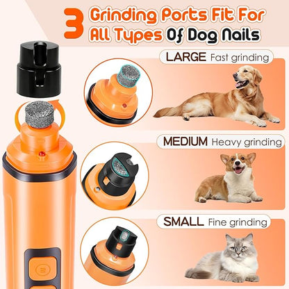 Dog Nail Grinder Electric Powerful 3 Speeds Dog Nail Clippers with Lights Quiet Cat Nail Clipper Painless Care Trimmers Tools for Small Medium Large Dogs and Cats（Orange）