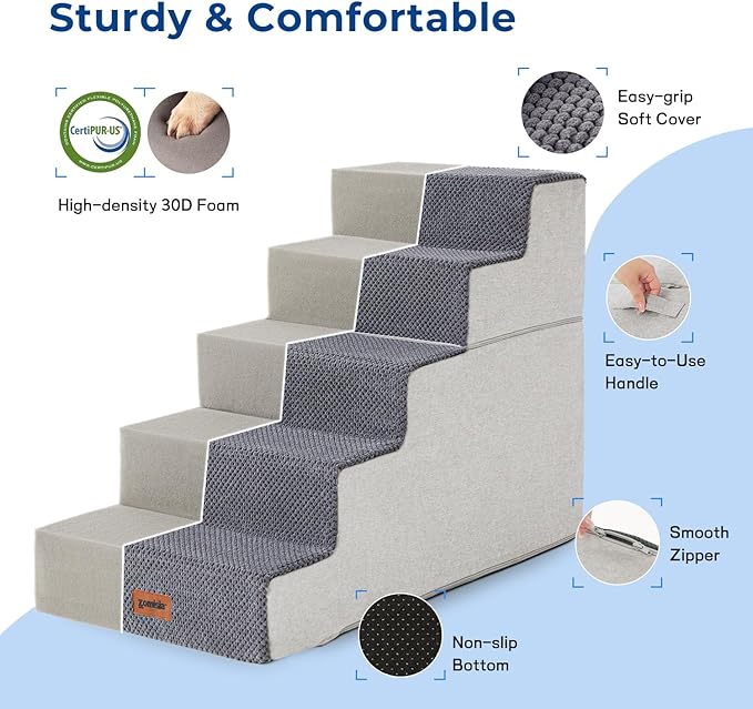 Dog Steps for High Beds - Dog Stairs 2 in 1 with Zippers Suitable for Small Dogs, Foam Pet Stairs with Non Slip Bottom Grey 5 Steps, Grey