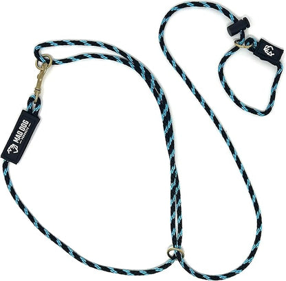 Mad Dog Products Hands Free Slip Dog Leash ¼” x 10’ Black/Sky Blue Signature Rope – Made in USA