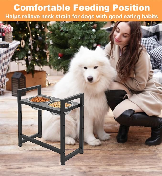 Elevated Dog Bowls Stand with 2 Stainless Steel Food & Water Bowls for Large Medium Small Dogs, Adjustable Raised Dog Bowl with Non-Slip Plastic Sucker for Pet,Black