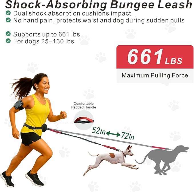 Hands-Free Dog Leash for Dogs up to 130 lbs – Heavy-Duty, Shock-Absorbing Bungee Leash with Zipper Pouch, Dual Padded Handles & Adjustable Waist Belt for Running & Walking – Classic Red