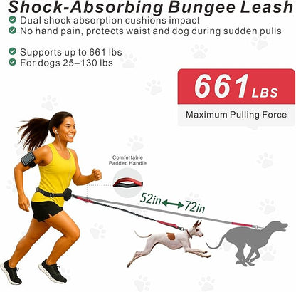 Hands-Free Dog Leash for Dogs up to 130 lbs – Heavy-Duty, Shock-Absorbing Bungee Leash with Zipper Pouch, Dual Padded Handles & Adjustable Waist Belt for Running & Walking – Classic Red