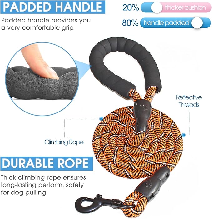 BAAPET 2/4/5/6 FT Dog Leash with Comfortable Padded Handle and Highly Reflective Threads for Small Medium and Large Dogs (5FT-1/2'', Black Orange)