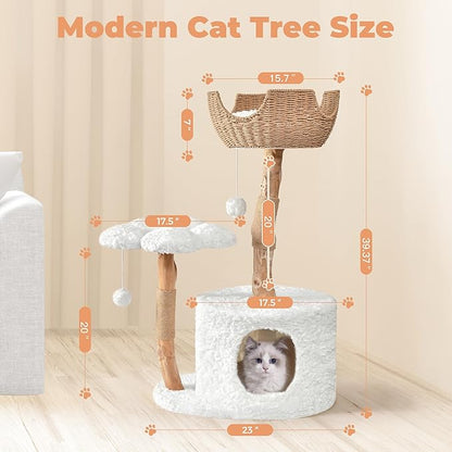 Easyego Modern Cat Tree, 39.3" Aesthetic Wood Cat Tree Tower for Large Cats, Luxury Cat Condo with Scratching Posts and Flower Platforms, Cat Furniture, White