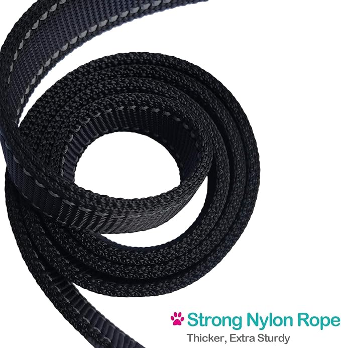 Short Nylon Dog Lead - Heavy Duty Padded Handle - Reflective Black, 12 Inch for Large & Medium Dogs