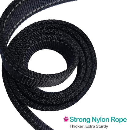 Short Nylon Dog Lead - Heavy Duty Padded Handle - Reflective Black, 12 Inch for Large & Medium Dogs