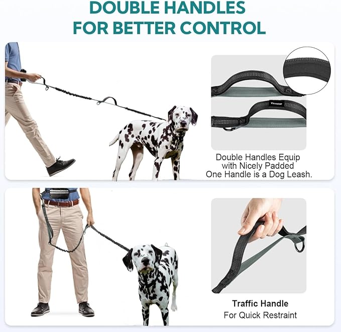 Hands Free Dog Leash with Pouch, Dual Attachment for Two Dogs, Retractable Bungee with Double Padded Handles, Waist-Mounted for Running,Walking, Jogging Friendly Dog Accessories (Black/Silver Gray)