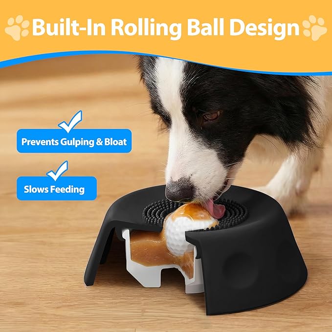 Homgaty Dog Licking Bowl with Rolling Ball - Slow Feeder Dog Lick Bowls for Yogurt Liquid Treat, Anti-Slip Entertained Bone Broth Dog Lick Toy for Large Medium Small Pet Breeds Dietary (Balck)