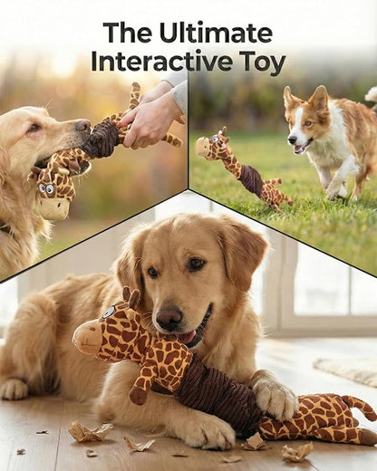 3-in-1 Squeaky Dog Toys for Chewers, Dual Squeaker, Crinkle Sound, Stretchy Spring Band - Durable Interactive Plush Puppy Toys for Boredom, Small Medium Large Breed (Giraffe)