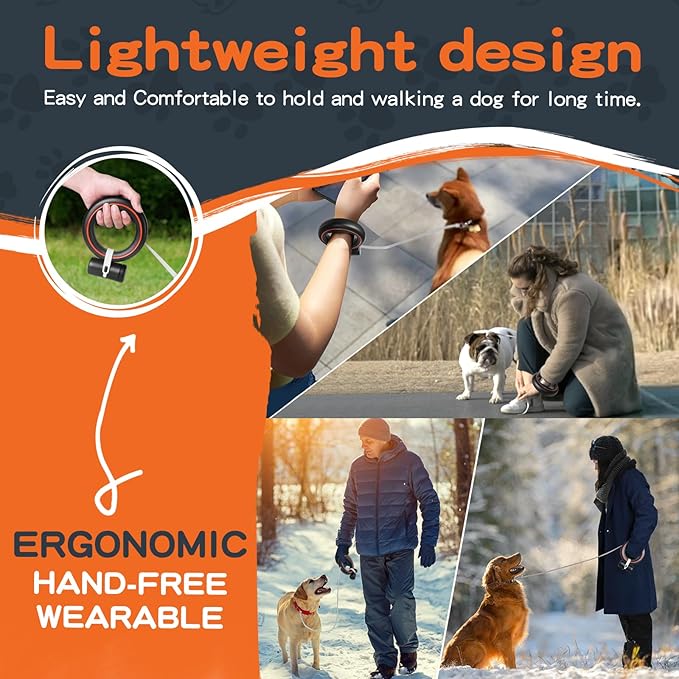 UFO Retractable Dog Leash Hands Free Wearable with Poop Bag Holder One-Handed Brake Pause Lock 360° Tangle Free 10ft Dog Leash for Up to 66lbs Medium Small Dogs (Black/Orange)