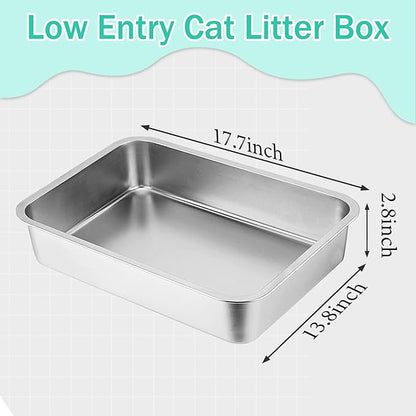Low Entry Cat Litter Box, 17.7"×13.8"×2.8" Stainless Steel Kitten Litter Box for Small Cat, Kitty Shallow Litterbox for Guinea Pig, Puppy, Hamsters Toilet