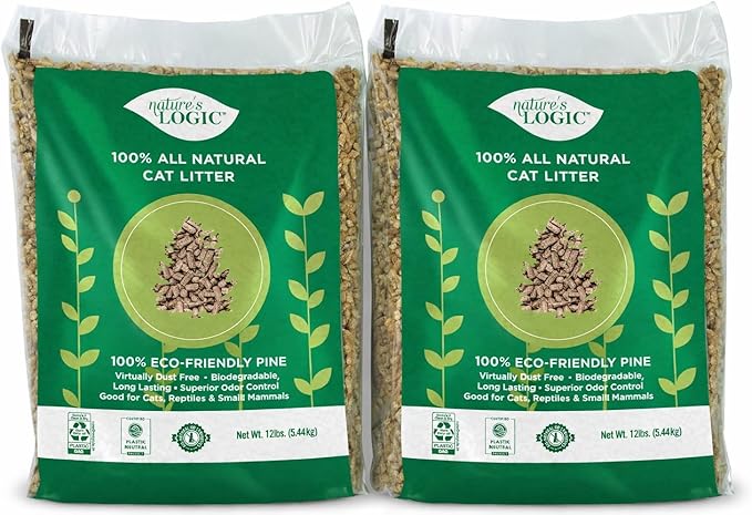 Nature's Logic 100% Natural Pine Pellet Cat Litter - 100% Ponderosa Pine, Dust-Free, Unscented, Biodegradable - Safe for Cats, Kittens, Reptiles & Small Pets - Highly Absorbent - 24lb (2,12lb)
