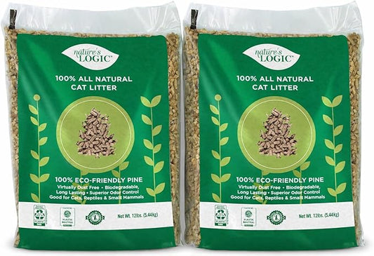 Nature's Logic 100% Natural Pine Pellet Cat Litter - 100% Ponderosa Pine, Dust-Free, Unscented, Biodegradable - Safe for Cats, Kittens, Reptiles & Small Pets - Highly Absorbent - 24lb (2,12lb)