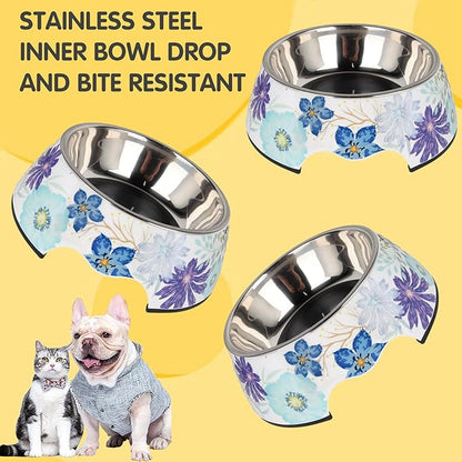 Pet Cats Dogs 2 in 1 Food Water Bowls - Non Slip Skid Proof Heavy Duty Pet Cats Dog Food Water Bowls for Feeding Drinking Small Medium Large Dogs Cats Puppies (Blue Flower, L:28 OZ)