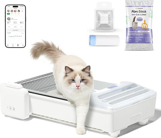 Open-Top Self Cleaning Litter Box, 2026 Upgraded Extra Large Automatic Cat Litter Box for Multiple Cats, Safety Sensors/App Control/Odor Control/Easy Clean - Includes 5 lbs Premium Cat Litter