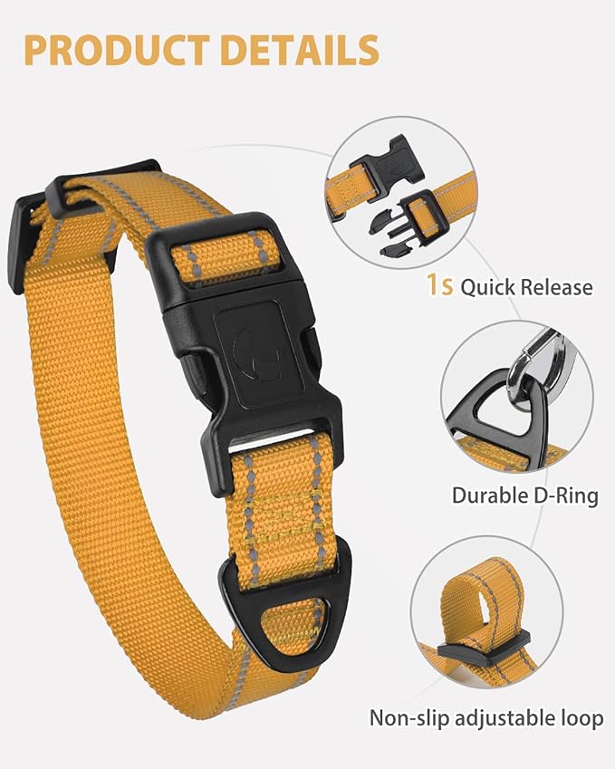 Joytale Dog Collar for Large Dogs, Strong Double-Sided Reflective Nylon Collar for Night Safety, Adjustable Quick-Release for Daily Walking, Khaki, L (1" Width)