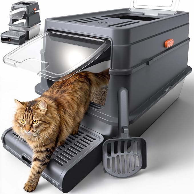Cat Litter Box - Stainless Steel Litter Box with Lid for Kitty, Metal Base Enclosed Cat Box with Litter Scoop, Elevated Step Box, Activated-Carbon Pack, 23.6" x 15.7" x 15", Grey