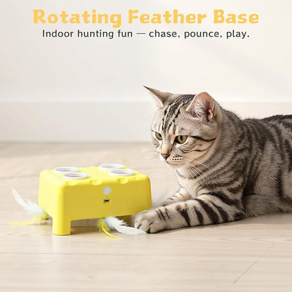 Cheese Box Interactive Cat Toy for Indoor Cats, 3-in-1 Whack a Mole Feather Toy, 3 Modes Rechargeable Auto Cat Toys for Bored Cats, 4 Holes Kitten Toy, 4 Accessories (Yellow)
