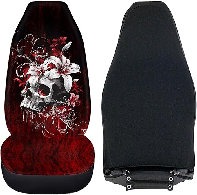 Gothic Skull Car Seat Cover Front Seat Cushion Covers, Washable and Breathable Car Accessories Universal Fits SUV, Sedan, Van, Truck Easy to Install, Black Red