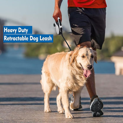 26Ft Retractable Dog Leash with Chew Proof Cable,Heavy Duty Dog Leash with Removable Poop Bags for Medium Large Dogs up to 110lbs,Strong Nylon Tape No Tangle,One-Handed Brake (White)