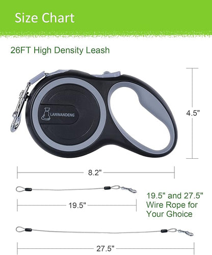 26FT Chew Proof Retractable Dog Leash with 2 Heavy Duty Anti-Chewing Wire Ropes, 360° Tangle-Free Dog Lead with Anti-Slip Handle for Medium/Large Dogs up to 110 lbs Gray