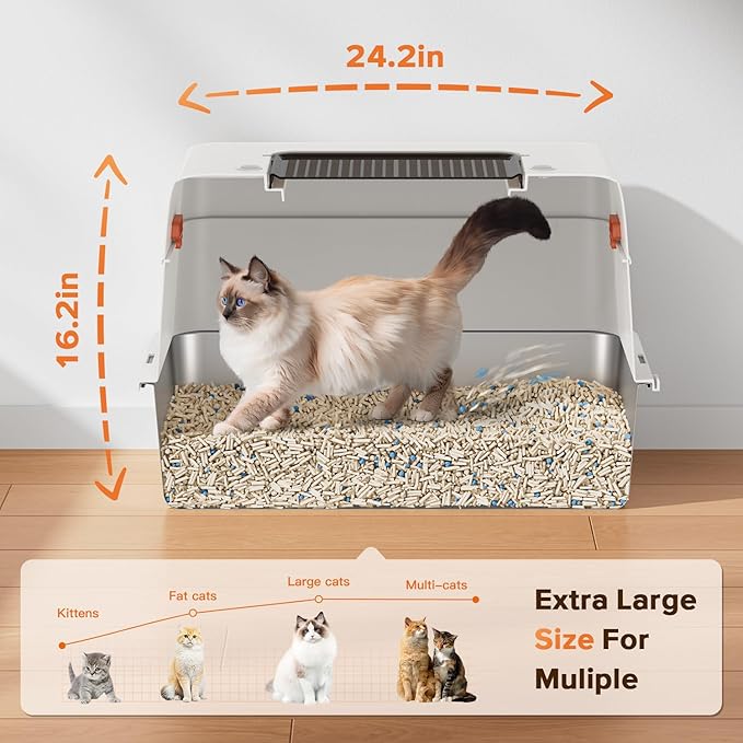 Stainless Steel Cat Litter Box with Lid,Large Enclosed High Side Metal Cat Litter Box with Pedals Suitable for Big Cats,Non-Sticky,Odor-Free,Easy to Clean ，Anti-Leakage(Silver)