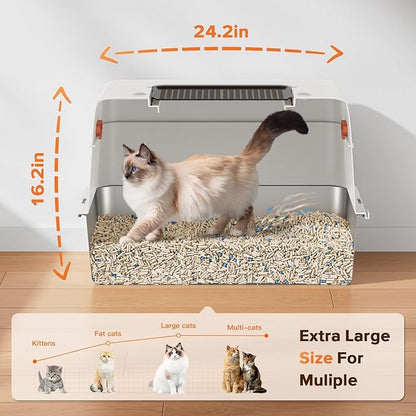 Stainless Steel Cat Litter Box with Lid,Large Enclosed High Side Metal Cat Litter Box with Pedals Suitable for Big Cats,Non-Sticky,Odor-Free,Easy to Clean ，Anti-Leakage(Silver)