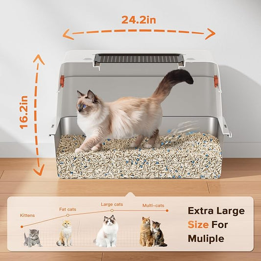 Stainless Steel Cat Litter Box with Lid,Large Enclosed High Side Metal Cat Litter Box with Pedals Suitable for Big Cats,Non-Sticky,Odor-Free,Easy to Clean ，Anti-Leakage(Silver)
