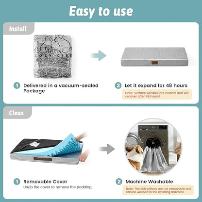 Cooling Dog Bed for Crate, Waterproof Dog Crate Mat with Removable Washable Cover, Orthopedic Egg Crate Foam Support, Dog Crate Bed 29x18x3 Inch,Silver Grey