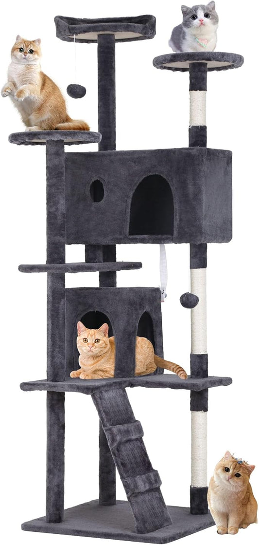 BestPet | 70" Cat Tree Tower | Ashy | Sturdy, Easy to Assemble, Multi-Level Activity Center with Sisal Scratching Posts, Condos, Perches, Hanging Cat Toys, Observation Decks & Ladder