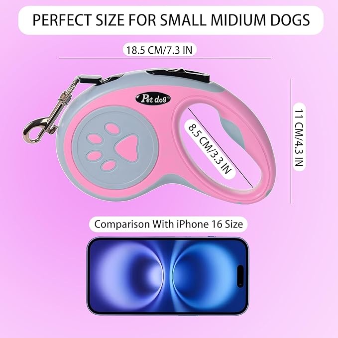 Retractable Dog Leash, VELIGOOD 5M/16FT Extendable Dog Lead with Strong Nylon Tape Tangle-Free One-Handed Brake, Pause, Lock for Small Medium Dogs (Pink)