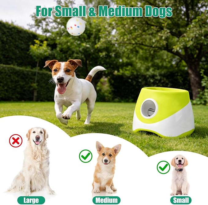 Automatic Dog Ball Launcher Upgraded Interactive Pet Ball Thrower Rechargeable Dog Fetch Toy with 3 Adjustable Distance Settings (6m/10m/14m) 6Pcs 2.3in Balls for Small Medium Dogs