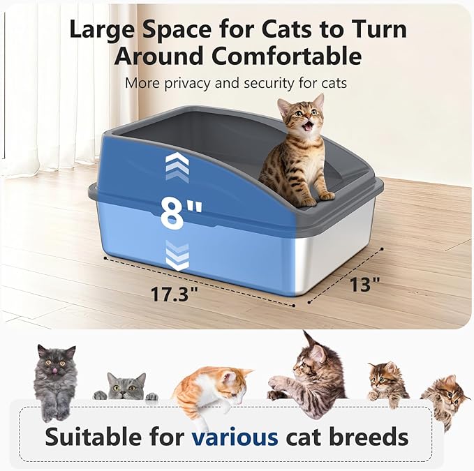 Stainless Steel Litter Box, Metal Kitty Litter Box with Scoop, Anti-Leakage Top Entry, Non-Sticky, Easy to Clean