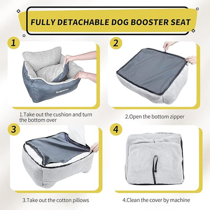 BurgeonNest Dog Car Seat for Small Dogs, Washable Soft Booster Seats for Small Pets Under 25 lbs, Portable Cat Carseat Travel Bed with Storage Pockets and Clip-On Leash, Grey