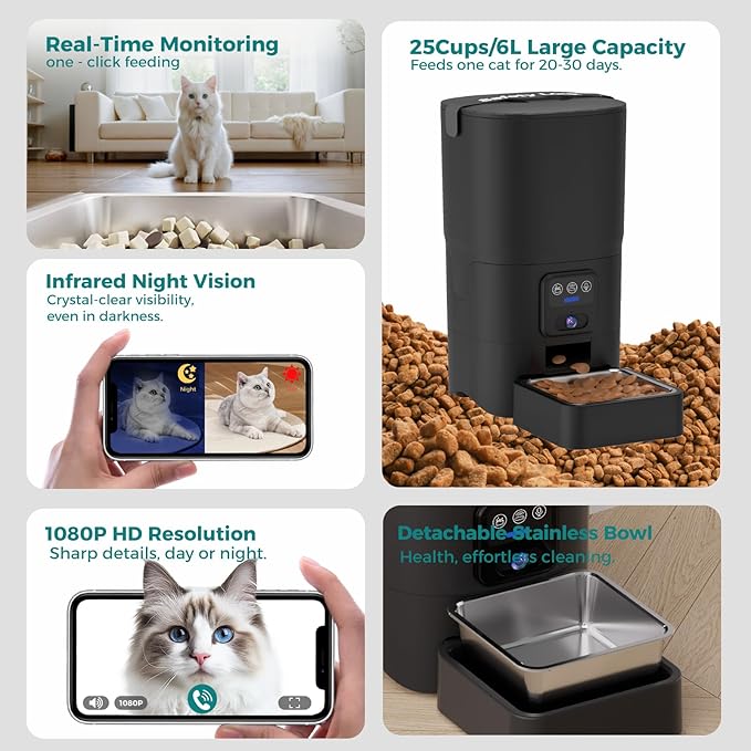 PAPIFEED Automatic Cat Feeder,Camera 1080P HD - 6L Pet Feeder, 2.4/5G WiFi Smart App Control, Bluetooth Assist Link,Wide-Angle Lens,Automatic Feeder for Small and Medium-Sized Pets (5G 1080P)