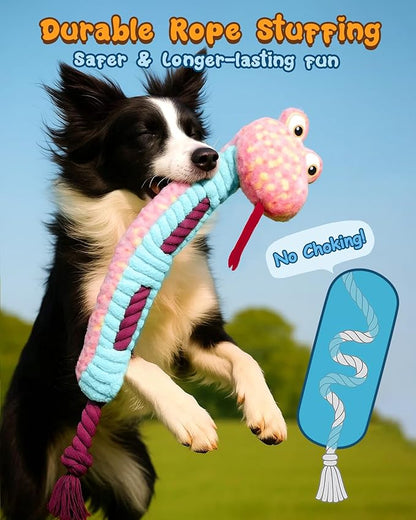 Swooflia Dog Rope Toy - Interactive Cute Snake Squeaky Plush Toys Stuffless, Teeth Cleaning for Small Medium Large and Boredom Dogs, Outdoor Durable Puppy Tug of War Chew Toy