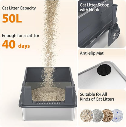 FURTIME XXXL Extra Large Stainless Steel Litter Box with Lid, Large Cat Litter Box for Big Cat, Large Metal Cat Box with High Sided, Non-Stick, Easy Cleaning, Includes Scoop and Mat