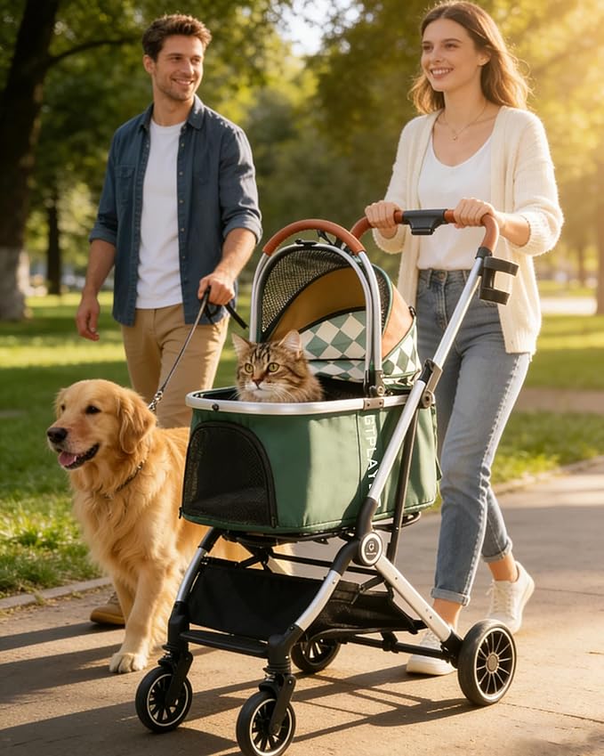 GTPLAYER Pet Stroller for Dogs & Cats, 3-in-1 Foldable Pet Stroller with Detachable Carrier, 360° Swivel Front Wheels & Rear Brakes, Up to 45 lbs, Green