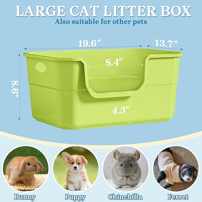 2 Pack Low Entry Litter Box for Kittens & Senior Cats, High Sided Litter Boxes with Handle, Anti-Splash Plastic Large Litter Tray Pan for Big Cat, Easy to Clean, 19.6" L*13.7" W*8.6" H (Green)