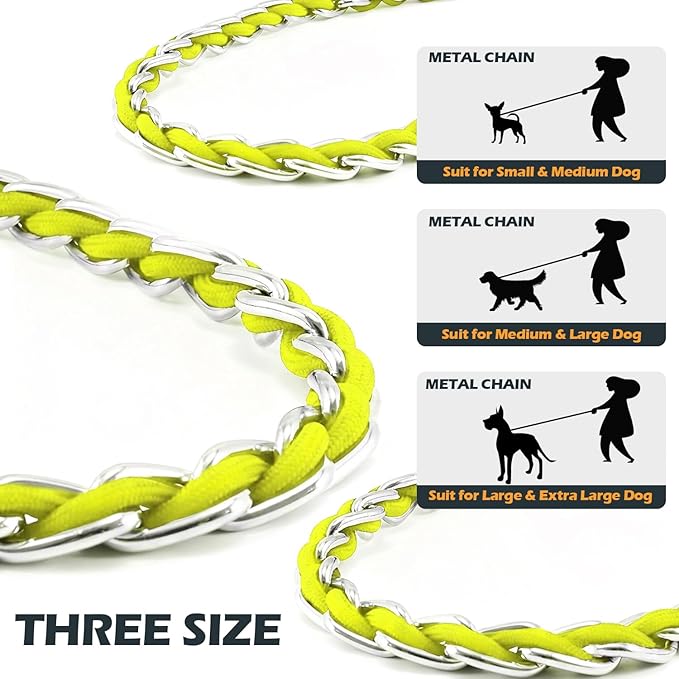 Chain Dog Leash Chew Proof Metal Leash for Medium Large Dogs, Chain Link Dog Anti Chew 5.2FT / 4FT Strong Anti Bite Comfortable Soft Padded Handle (Yellow, 5FT(30-80lb)