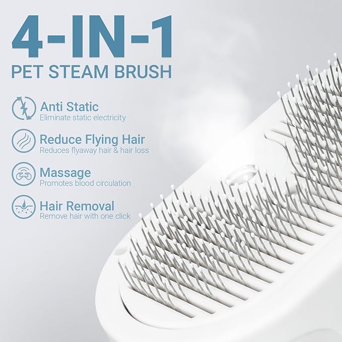 Pet Steam Brush for Cat & Dog, 5-in-1 Pet Spray Hair Removal Comb for Reducing Shedding, Grooming Brush for Long Short Haired Cat & Dog, No-Rinse Foaming Cleanser for Cleaning Paw