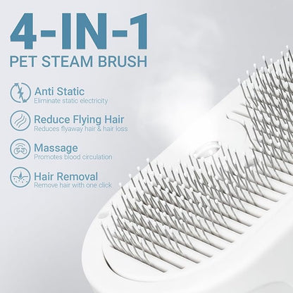 Pet Steam Brush for Cat & Dog, 5-in-1 Pet Spray Hair Removal Comb for Reducing Shedding, Grooming Brush for Long Short Haired Cat & Dog, No-Rinse Foaming Cleanser for Cleaning Paw