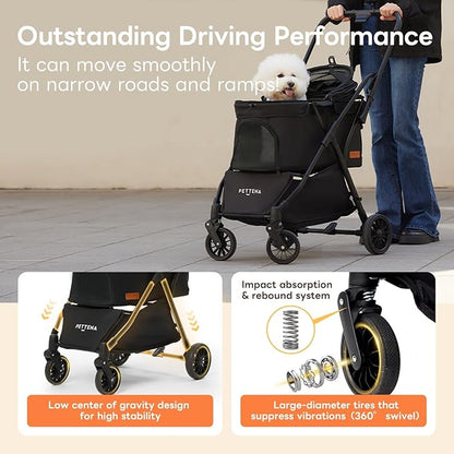 PETTENA Foldable Pet Stroller,4 Wheels Pet Strolling Cart for Small Dogs Cats up to 44 Lbs, Pet Travel Carrier Strolling Cart with Storage Basket, Portable Dog Cat Stroller with Breathable Mesh, Black
